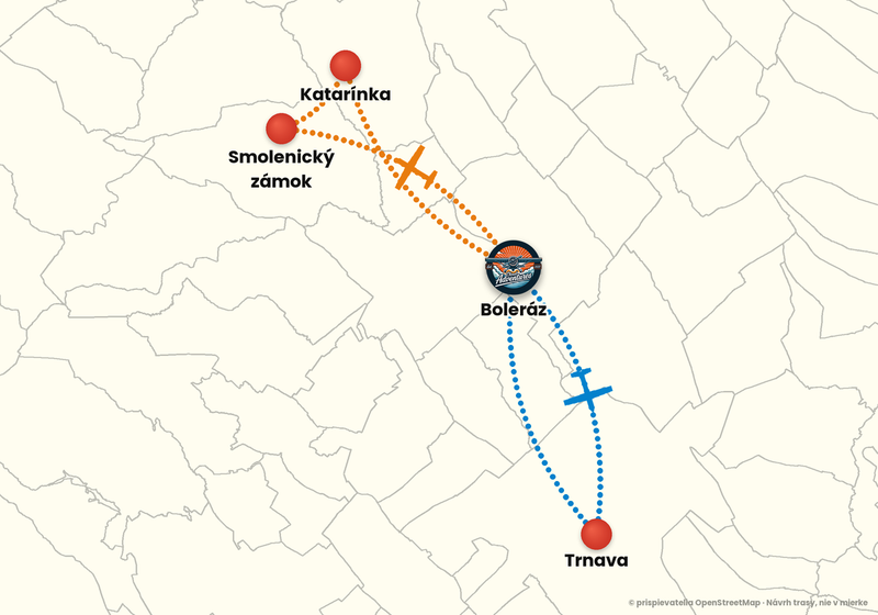 Mapa trás vyhliadkového letu z letiska Boleráz – Vstupný let 15 min: oranžová a modrá trasa