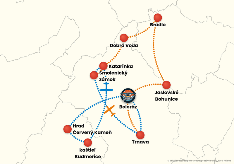 Mapa trás vyhliadkového letu z letiska Boleráz – Okružný let 30 min: oranžová a modrá trasa