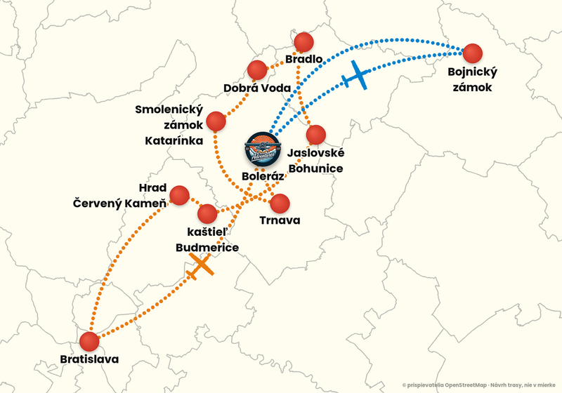 Mapa trás vyhliadkového letu z letiska Boleráz – Dobrodružný let 60 + 15 min: oranžová a modrá trasa
