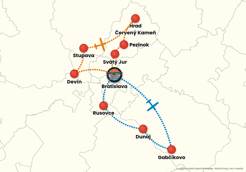 Mapa trás vyhliadkového letu z letiska Bratislava – Okružný let 30 min: oranžová a modrá trasa