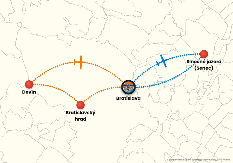 Mapa trás vyhliadkového letu z letiska Bratislava – Vstupný let 15 min: oranžová a modrá trasa