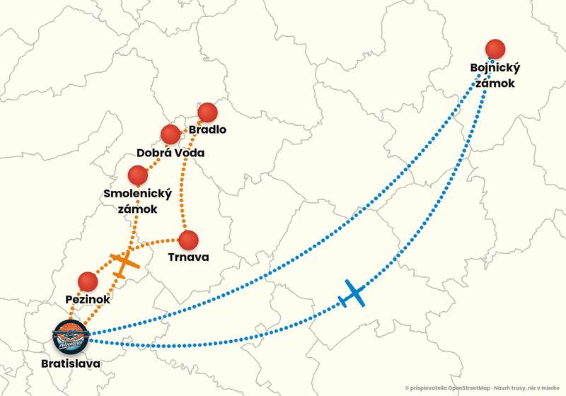 Mapa trás vyhliadkového letu z letiska Bratislava – Dobrodružný let 60 + 15 min: oranžová a modrá trasa