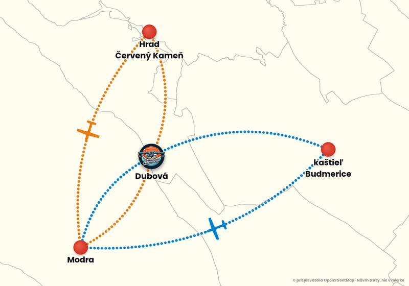 Mapa trás vyhliadkového letu z letiska Dubová – Vstupný let 15 min: oranžová a modrá trasa