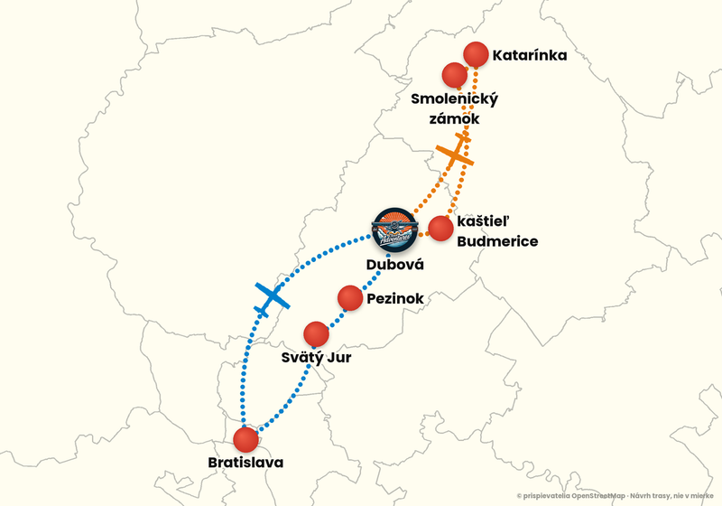 Mapa trás vyhliadkového letu z letiska Dubová – Okružný let 30 min: oranžová a modrá trasa