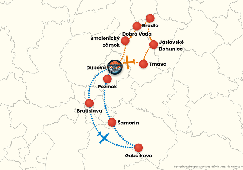 Mapa trás vyhliadkového letu z letiska Dubová – Dobrodružný let 60 + 15 min: oranžová a modrá trasa