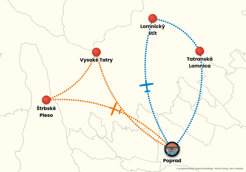 Mapa trás vyhliadkového letu z letiska Poprad-Tatry – Okružný let: oranžová a modrá trasa