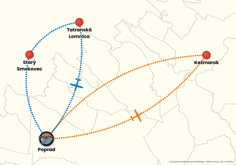 Mapa trás vyhliadkového letu z letiska Poprad-Tatry – Vstupný let 15 min: oranžová a modrá trasa