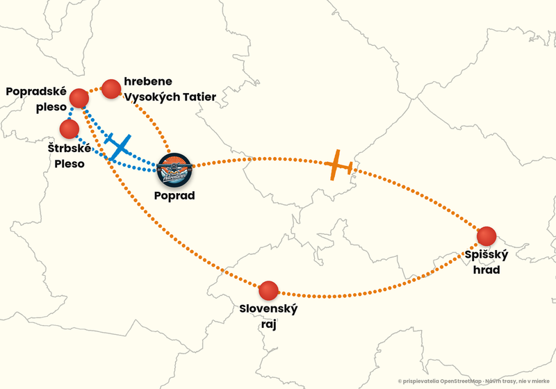 Mapa trás vyhliadkového letu z letiska Poprad-Tatry – Dobrodružný let: oranžová a modrá trasa