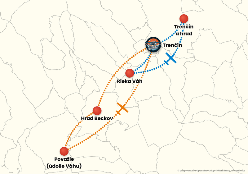 Mapa trás vyhliadkového letu z letiska Trenčín – Okružný let: oranžová a modrá trasa