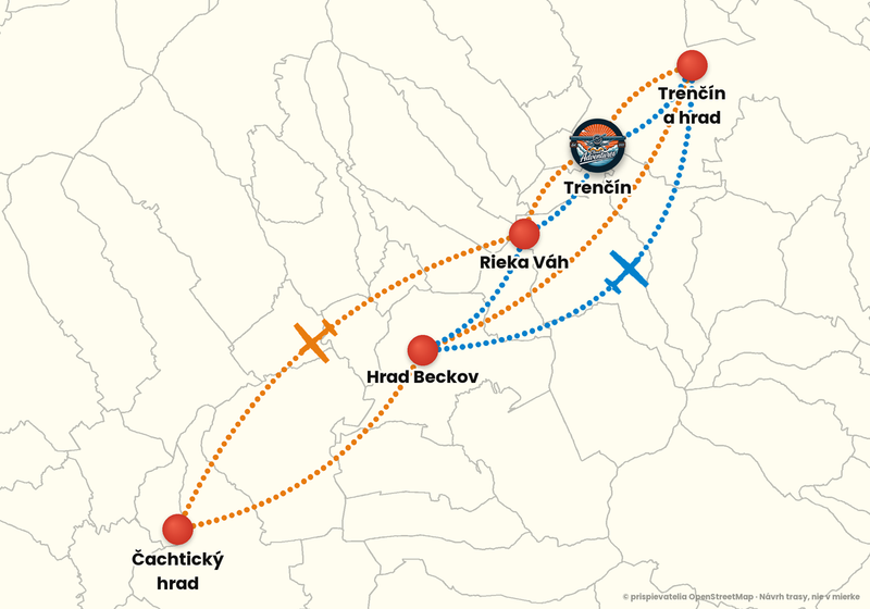 Mapa trás vyhliadkového letu z letiska Trenčín – Dobrodružný let: oranžová a modrá trasa
